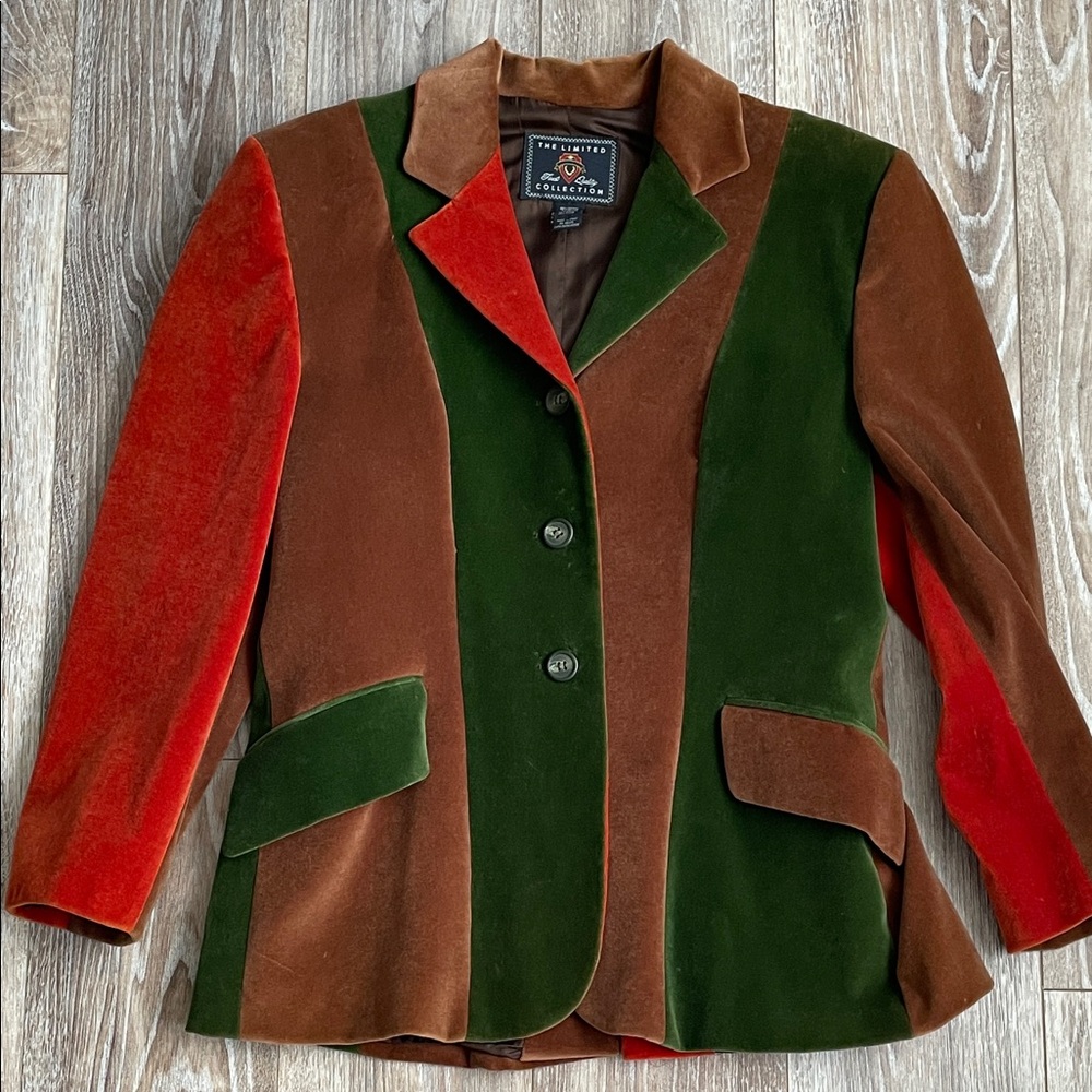 VTG The Limited Collection VELVET Color Block Blazer Womens L Brown Orange Green